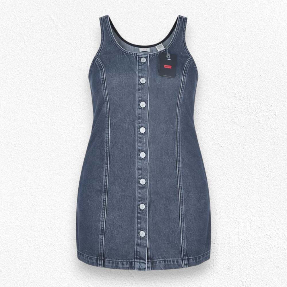Levis Tuli Black Stonewash Denim Button Front Pinafore Mini Dress Size XS NWT